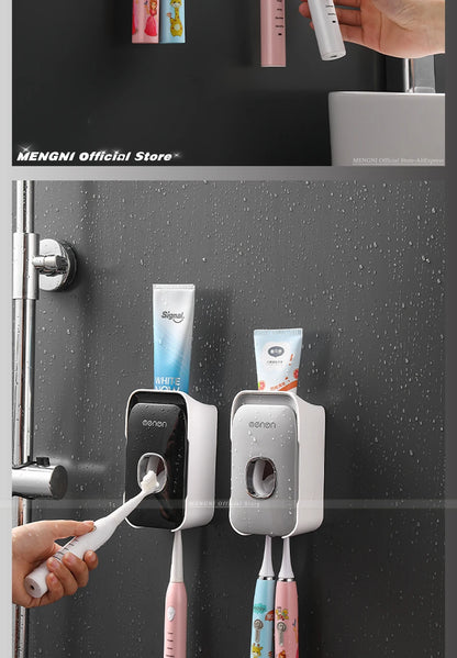 MENGNI Automatic Toothpaste Dispenser Wall-Mounted Bathroom Toothpaste Squeezer Punch-Free Toothbrush Holder Rack Bathroom Acces