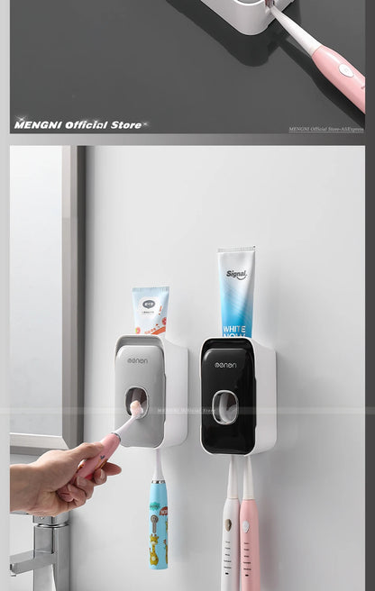 MENGNI Automatic Toothpaste Dispenser Wall-Mounted Bathroom Toothpaste Squeezer Punch-Free Toothbrush Holder Rack Bathroom Acces