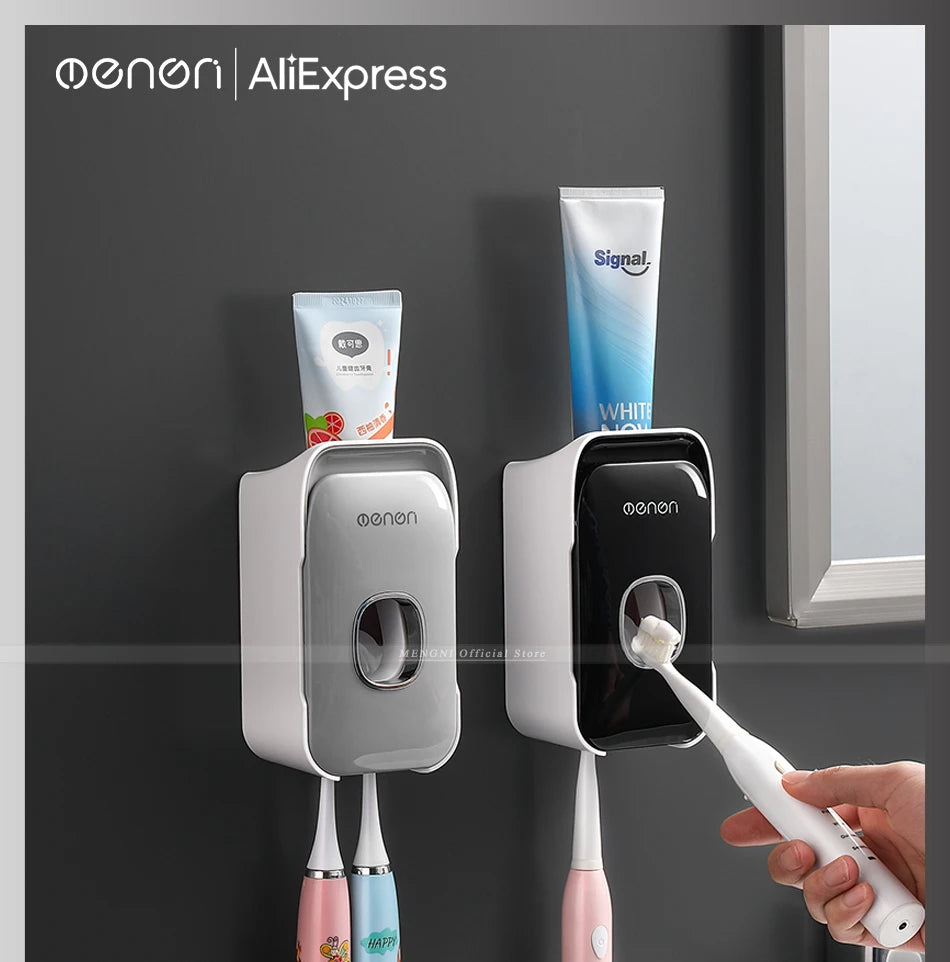 MENGNI Automatic Toothpaste Dispenser Wall-Mounted Bathroom Toothpaste Squeezer Punch-Free Toothbrush Holder Rack Bathroom Acces
